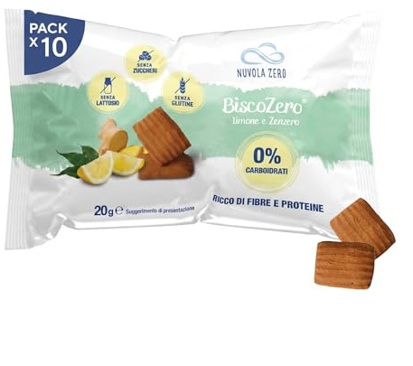 Nuvola Zero BiscoZero Limone & Zenzero , Biscotti Senza Zucchero e Senza Carboidrati, Biscotti Proteici Keto Senza Glutine e Lattosio, Ricchi di Fibre, Confezione da 10 pezzi