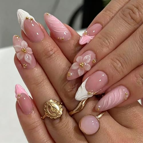 24 Stück Nägel Zum Aufkleben - Rosa Press On Nails Sommer - Fake Nails Mit French-Spitze, 3D Blumen Design Und Goldperle - Elegante Mandelförmige Fingernägel Für Damen