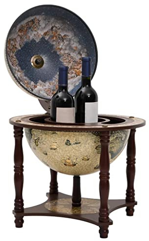 KFPOERTFGD Globus-Bar Weinregal aus Massivholz, Antike Weltkarte Weltkugel Design, Barwagen für Spirituosen und Gläser, Dekorative Hausbar, 42 x 42 x 57 cm