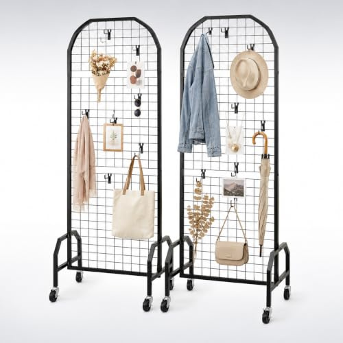 Lot de 2 panneaux muraux en treillis - 60 x 164 cm - Support de présentation enroulable avec 20 crochets - Étagères de présentation en acier au carbone - Étagère d'exposition d'art pour décoration et