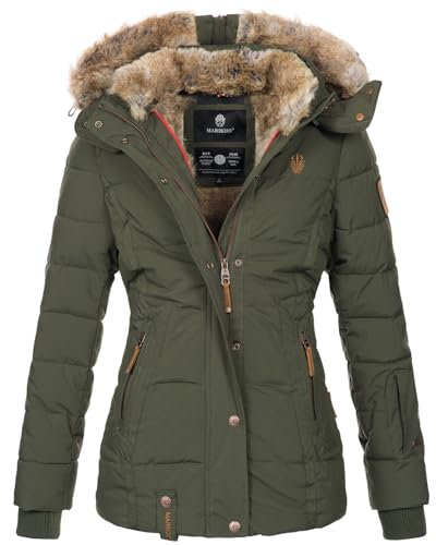 MARIKOO warme Damen Winter Jacke Winterjacke Steppjacke gefüttert Kunstfell B658 [B658-Nek-Olive-Gr.XXL]