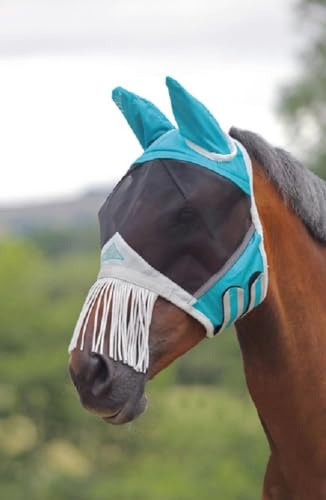 Shires Fine Mesh UV Fly Mask with Ears & Nose Fringe Teal/Extra Full/Single
