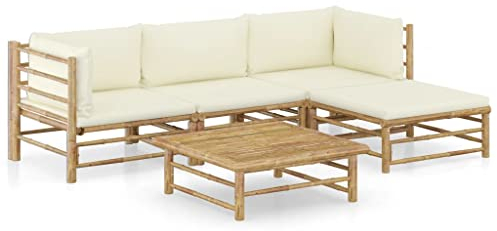 vidaXL Gartenmöbel 5-TLG. mit Cremeweißen Kissen Garten Garnitur Sitzgruppe Sofa Gartensofa Lounge Gartenset Sitzgarnitur Mittelsofa Ecksofa Fußhocker Bambus