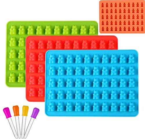 Voarge 4 moldes de silicona para ositos de gominola con 4 pipetas para gominolas, gelatina, chocolate, caramelos, Navidad, Halloween, etc.