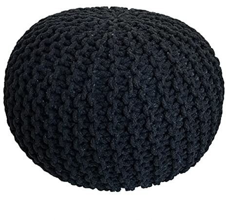 kreatives Wohnen Pouf Ø 55 cm Strickhocker Sitzpouf Bodenkissen Grobstrick-Optik extrahoch Höhe 37 cm schwarz - anthrazit