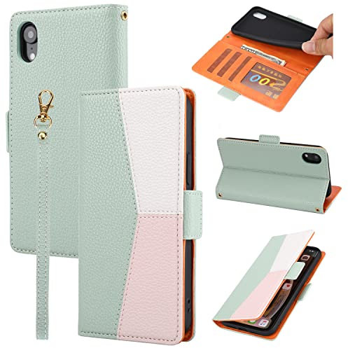 ZCDAYE Phone Case for iPhone XR Wallet Case with Card Slots Wrist Strap, Folio Flip Leather Cover for iPhone XR - Splicing Green