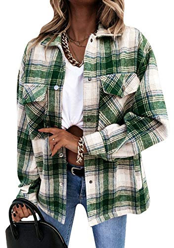 YMING Femme Chemise Carreaux Manteau Veste Polaire En Peluche Décontractée Chemise Manches Longues Manteau Vert XL