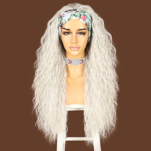Sapphirewigs Lockige Stirnband Perücke Lange Grau Synthetische Haare Lose Wasser Welle Stirnband Perücken für Frauen Glueless 150% Dichte 26 inch