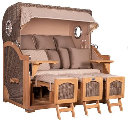 MR. DEKO® Strandkorb Düne Grande XXL 3-Sitzer Teak | PE Geflecht Grey | Volllieger Strandkörbe Teakholz fertig montiert | 2 Bullaugen & 3 Fußablagen | Liftersystem & Polster & 6 Kissen | Dessin 510