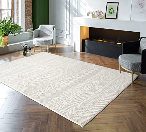 the carpet Lima nachhaltiger und umweltbewusster Designer Teppich, weich & pflegeleicht, 3D-Effekt, waschbar, Flor aus 100% recyceltem Polyester, Creme, 80 x 150 cm