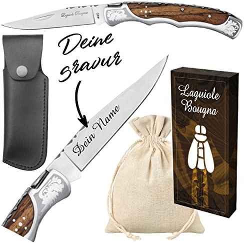 Laguiole Klappmesser personalisiert - mit Wunsch Gravur auf der Klinge - Taschenmesser graviert mit Name in schwarzer Farbe graviert
