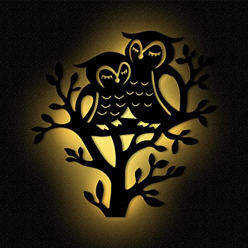 Wandlampe Eulen auf Baum I Nachtlicht Schlummerlicht Kinderzimmer Kinder Mädchen Junge I MDF Holz Batteriebetrieb