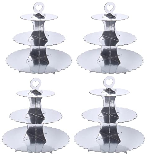 KINMRIS Cardboard Cupcake Stand Silver 4 Pack- 3 Tier edge Dessert Stand, Silver Cardboard Cupcake Stand, Birthday Party Supplies Tableware 3 Tier for Birthday Party,Wedding Decorations, Graduation