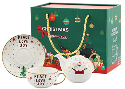 eBoutik - Christmas Tea for One Tea Pot & Cup - Teapot, Cup & Saucer Set - Xmas Gift in Beautiful Presentation Bag - (Peace, Love & Joy)
