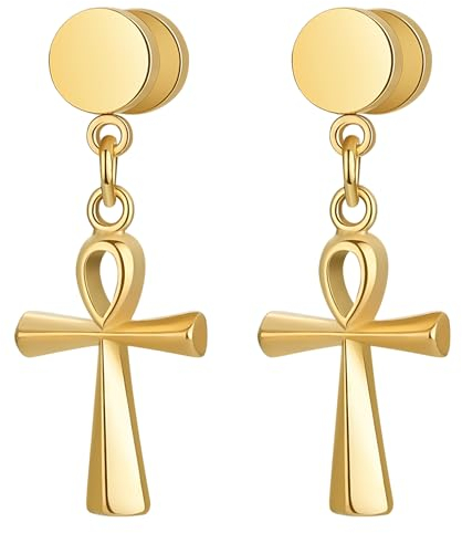 JewelryWe Schmuck Ohrstecker mit Ägyptischen Ankh Kreuz Anhänger Edelstahl Fake Plug Tunnel Barbell Baumeln Ohrringe Ohrhänger für Herren Damen Gold