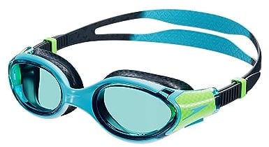 Speedo Junior Biofuse 2.0 Swimming Goggles | Patented Easy Adjustment | Anti-Fog | Anti-Leak | Enhanced Fit | Improved Comfort, Hypersonic Blue/True Navy/Lumo Green/Blue, One Size