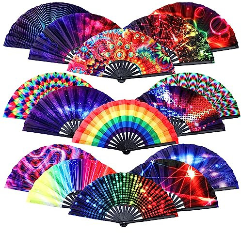 FairySandy Large Rave Folding Hand Fans with Bamboo Ribs for Men/Women, Chinese Japanese Rainbow Handheld Fan with Fabric Case for Drag Queen Dance Music Festival Club Party (Stylish,15 Pcs)