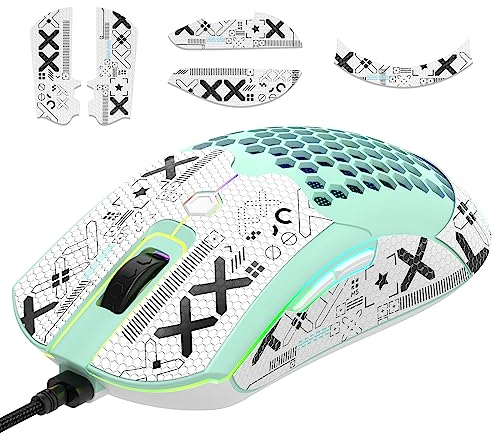 [Upgrade Kit] Lightweight Gaming Mouse with Mouse Grip Tape, PixArt PAW3325 12000DPI High Performance Super Light 65G USB RGB Programmable Gaming Mice, Anti-Slip Grip Tape for Sweat Resistant-Green