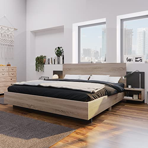 FEZTOY Holzbett Doppelbett Bettanlage mit 2 Nachtkommoden, Modernes Bett mit Lattenrost und Kopfteil, Schlafzimmer Komplett-Set in Eiche Sonoma/Dunkelgrau, für Erwachsene & Jugendliche (160 x 200)