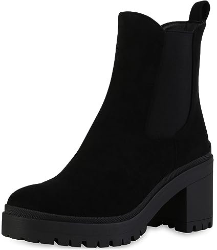 VAN HILL Damen Chelsea Boots Blockabsatz Plateau Vorne Trendy Schuhe 840564 213168 Schwarz Velours 39