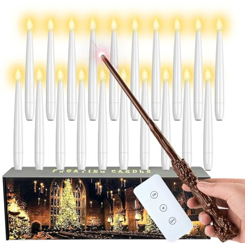 MozkeTo19 Christmas Decoration, Floating Candles with Wand, Hanging Candle with 6 Hour Cycle Timer, Flickering Warm Light Flameless Floating Led Candle with Wand Remote, Battery Powered (20 PCS)