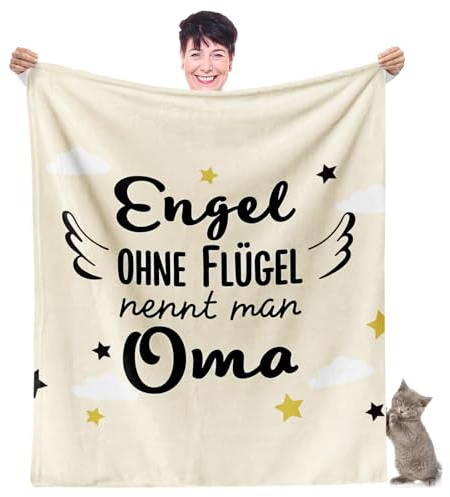 Facepot Oma Geschenkideen - Kuscheldecke (130x150cm) schöne Oma Sprüche Decke Weich Flauschig Fleecedecke - Engel ohne Flügel nennt Man Oma