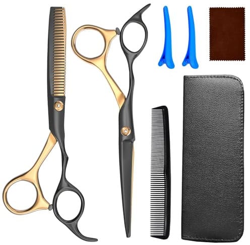 Hairdressing Scissors, 6 Inch Hair Cutting Scissor & Thinning Scissors Hairdressing, Stainless Steel Barber Scissors with Leather Cover, Comb, Hair Clip, Professional Salons Hair Shears Set