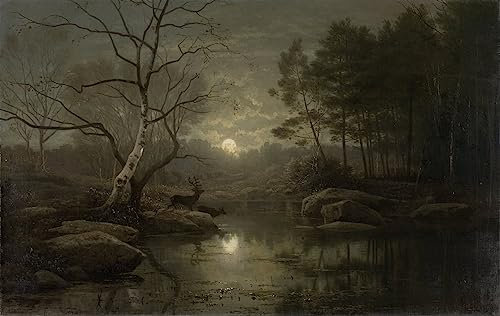 SibeG Gemälde Wandkunst Leinwand Kunstdrucke Berühmte Gemälde Boslandschap Bij Maanlicht Öl auf Leinwand von Georg Eduard Otto Saal für Heimtextilien 60x90cm