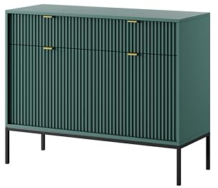 BETTSO - Nova KSZ-104 - Kommode - Kommode mit Schubladen - 83 cm hoch, 104 breit - 2 Schubladen - Geriffelt - für Wohnzimmer, Flur - 2-türig - Modern, Glamour - Grün - mit goldenen Griffen