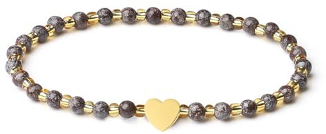 MetJakt Handgemachter Naturstein Perlenarmband 4MM Mini Stretch Armband Energiearmbänder 18k vergoldet Herz Armbänder für Damen Damenschmuck Echtes (Kaffee Schneeflocke)