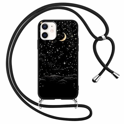 Foonary Case for Apple iPhone 13 Mini with Necklace Cord, Aesthetic Planet Pattern Case Cover Adjustable Lanyard Rope, Soft Silicone TPU Shockproof Protection Case for iPhone 13 Mini 5.4 Inch, Moon