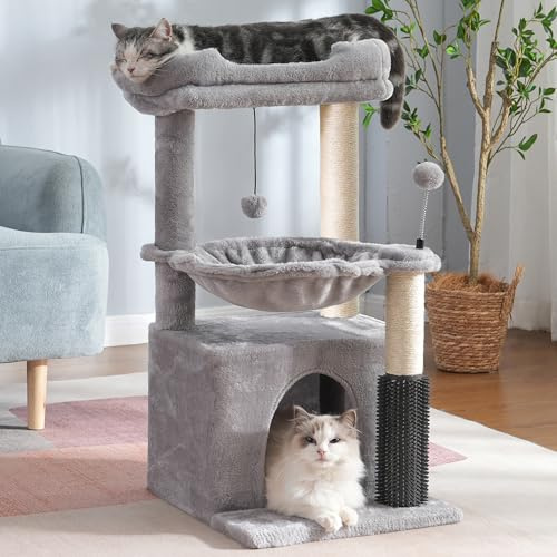 Pawfessor Kratzbaum, 81,3 cm, Kleiner Katzenturm mit großer Hängematte, Durchmesser 39,9 cm, Selbstpfleger, vollständiger Kratzbaum, abnehmbares Oberbett und breites Versteck für Hauskatzen, Grau