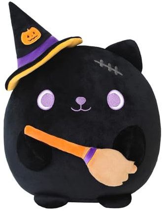 Xfrog Halloween Plush Toys 10 Stuffed Animal Soft Cat Plushies Pillow Witch Broom Cat Plush Toys Gifts for Kids Girls Boys 25CM
