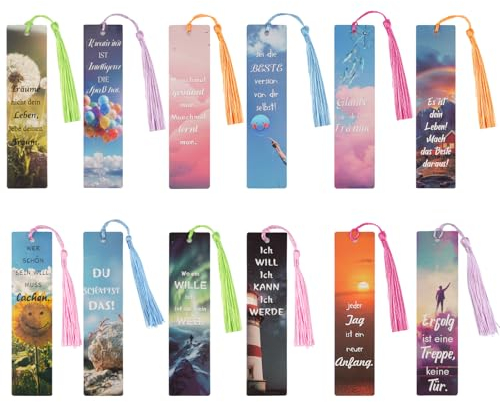Motivations Lesezeichen, 12 Stück Papier Inspirierende Sprüche Lesezeichen mit Quasten für Schüler Lehrer Kollegen Büro Geschenke Buchhandlungen Mitbringsel