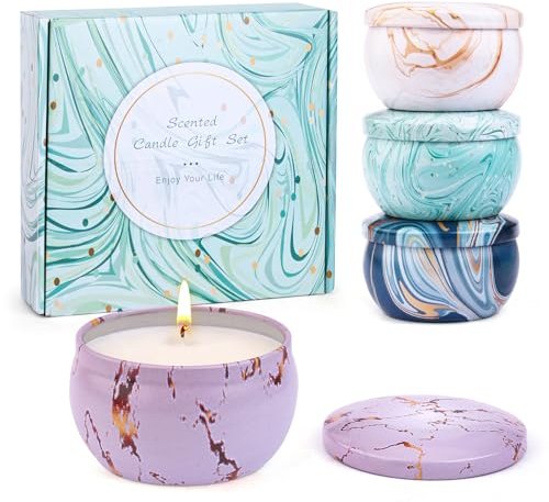 Duftkerze Geschenkset, 4 Stück Blumenduft Kerzen mit Sojawachs in Dosen zum Stressabbau, Kleine Duftkerzen Set Kerzen Deko, Natürliches Kerzendocht Duftkerze Damen Weihnachten Duftk Geschenke 120 Std.
