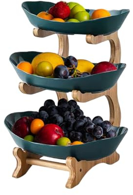 Obst Etagere mit 2/3 Etagen, Plastik Obstschale Obstkorb Obstteller mit Natürlichem Bambus Ständer Servierteller für Gemüse, Obst, Snacks, Kuchen, Süßigkeiten Aufbewahrung (3 Stöckig Grün)