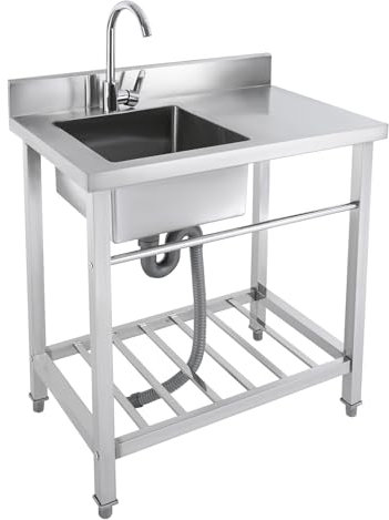 OUKANING Edelstahl Waschtisch Outdoor 80x55x84cm Edelstahlspüle Freistehend Mit 360° Wasserhahn, Spritzwassergeschützt, Feuchtigkeitsbeständig, Ausgezeichnete Drainage (Spüle: Links)