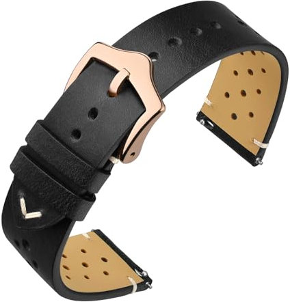 ANNEFIT Bracelets de Montre en Cuir Rétro à Dégagement Rapide, Bracelet de Remplacement 20mm avec Boucle Or Rose (Noir)