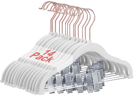 Wellong Baby-Kleiderbügel mit Clips, 14 Stück KinderKleiderbügel aus Samt, Strapazierfähige Kleiderbügel, rutschfeste Baby-bügel für Hemden, Hosen, Röcke, Kleider, Jacken, Weiß (Rosengold-Haken)