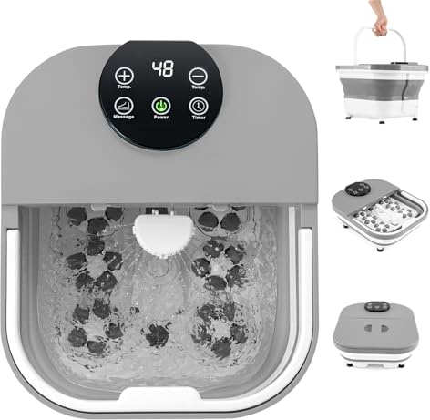 RELAX4LIFE Massaggiatore per Piedi Pieghevole, Vasca da Bagno con Pannello di Controllo Intelligente, Riscaldamento Costante 35-48℃, 30 Palline Massaggianti Shiatsu, Doccia & Timer