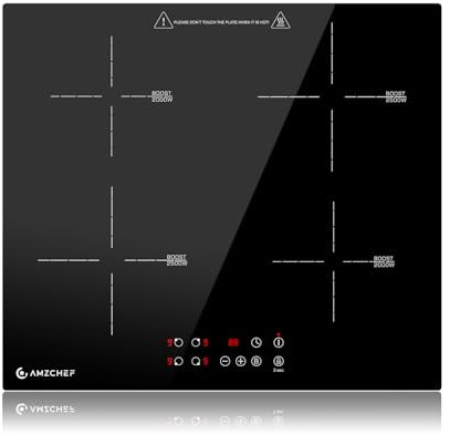 AMZCHEF piano cottura a induzione 60 cm, piano induzione 4 fuochi | piastra induzione da incasso | funzione boost | 9 livelli di potenza | Blocco di sicurezza | Timer | 7200 W
