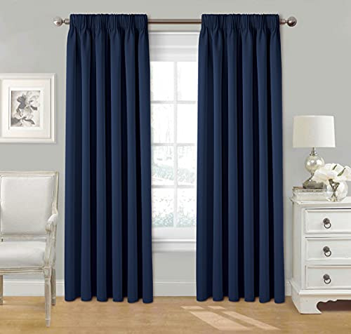 StylemyBedroom Pair Pencil Pleat Tape Top Plain Thermal OUT LINED Curtains with Tie Backs 46 x 72 - Navy Blue