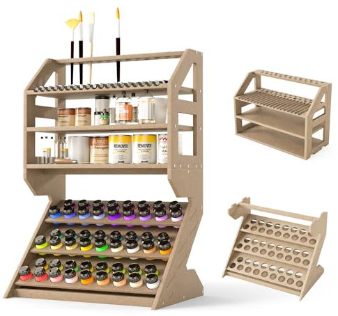 tonchean Paint Rack Organizer for 51 Bottles & 25 Painting Brushes, Wooden Paint Station with Paint Brush Holder, Painting Tools Storage Stand