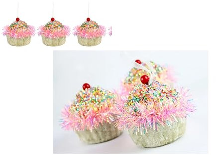 6er Set Deko Muffins Cupcakes Anhänger Kunststoff Christbaumschmuck Christbaumkugeln Fensterdeko Cupcake 7 cm - rosa-bunt