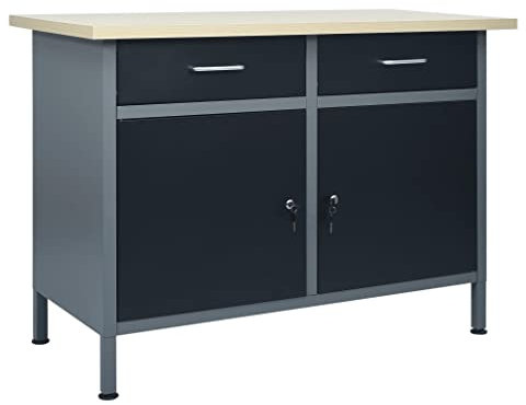 Hommdiy Werkbank 2 Schubladen mit Kugellager 2 Schränke mit Türen Werktisch Werkstatt Heimwerker Montagewerkbank Arbeitstisch Schwarz 120x60x85cm Stahl
