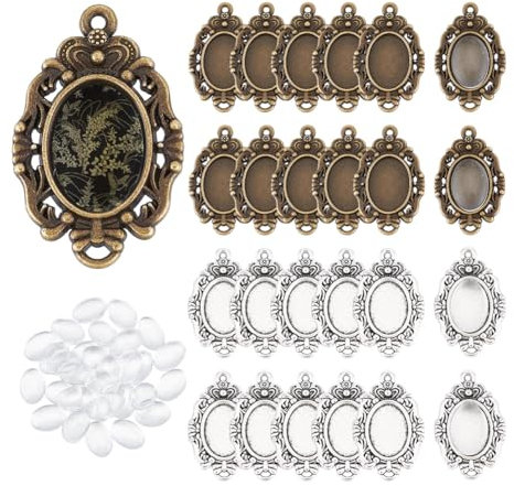 UNICRAFTALE 60pcs 2 Colors Oval Fancy Tibetan Style Pendant Cabochon Setting Trays Pendant Blank Dome Bezel Charm with Glass Cabochons Tray 14x10mm for DIY Photo Crafts Necklace Jewelry Making