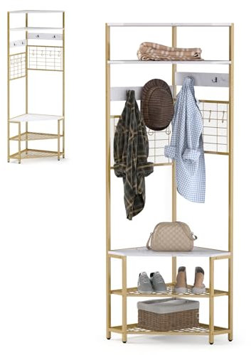 HOMASIS Eck Garderobenständer mit Sitzbank, 3 in 1 Kleiderständer mit 12 Haken & 2 Schuhregal & 3 Ablagen, Metall Garderobe Eckgarderobe Flurgarderobe für Flur, Wohnzimmer, Schlafzimmer (Weiß)