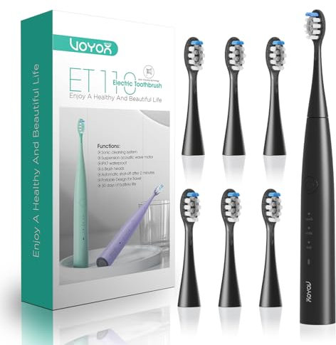 VOYOR-HEALTH Elektrische Zahnbürste, Schallzahnbürste für Erwachsene mit 6 Bürstenköpfen, Wiederaufladbare Ultraschall Zahnbürsten mit Intelligentem Timer IPX7 Wasserdicht ET110 (Schwarz)