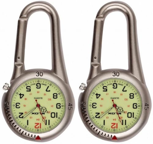 Klox 2 Stück Clip-on-Karabineruhr, Rucksack-Taschenuhr mit Gürtelschlaufe, Unisex-Uhr für Ärzte, Krankenschwestern, Outdoor-Aktivitäten, Sanitäter (Silber mit leuchtendem Ziffernblatt)