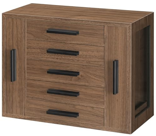 HOOBRO 5-lagiges Schmuckkästchen, Schmuckbox aus MDF mit Sichtfenster und 2 vertikalen Schubladen, Schmuckaufbewahrung für Ohrringe, Halsketten, Ringe, Uhren, Walnuss EBH19JB04